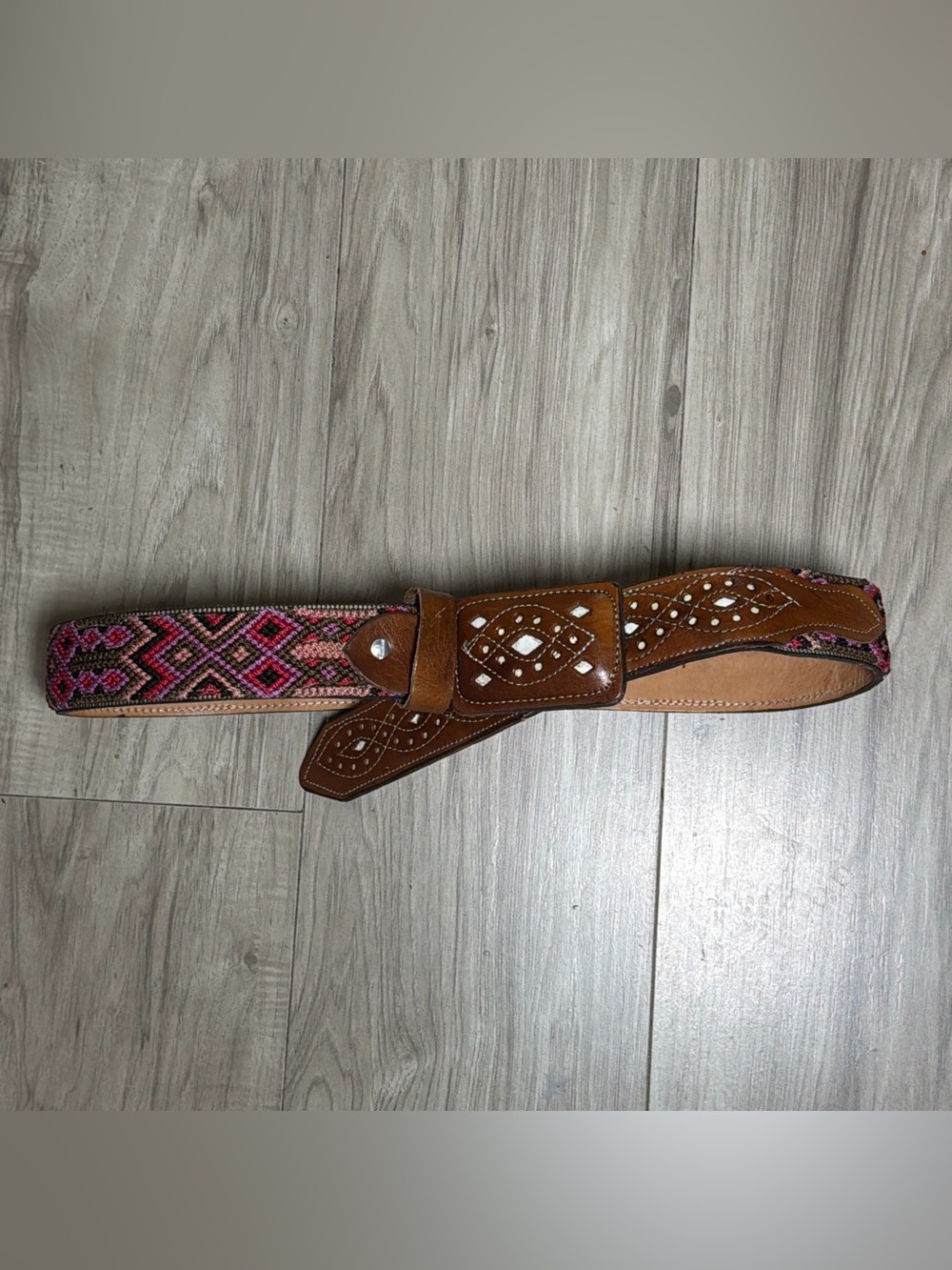Handcrafted Brown Leather and Pink Woven Belt